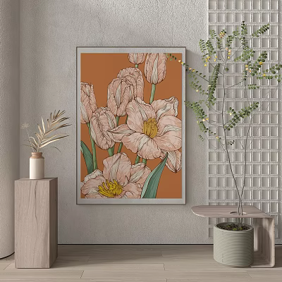 Botanical Painting with Pink Tulips and Green Leaves on Orange Background in Minimalist Room Decor 3d model