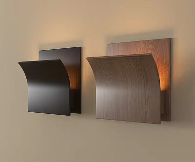 Modern Curved Wall Lamps with Black and Wooden Texture Design Illuminating Beige Wall 3d model