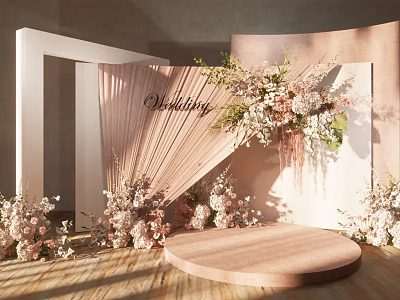 Elegant Wedding Backdrop With Pink Floral Arrangements And Round Platform Decor 3d model