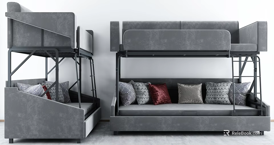 Modern Gray Upholstered Bunk Bed Design With Lower Sofa And Decorative Pillows 3d model