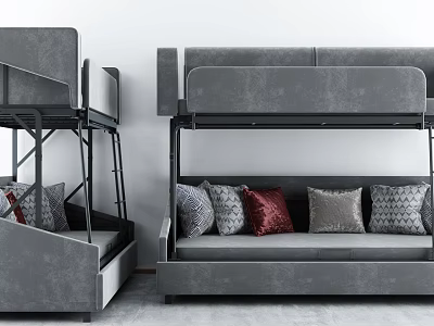 Modern Gray Upholstered Bunk Bed Design With Lower Sofa And Decorative Pillows 3d model
