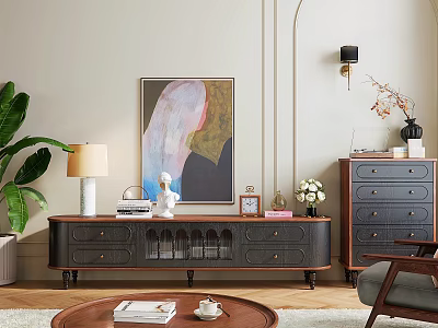 Stylish Dark TV Stand In Modern Living Room With Drawers Open Shelves And Decorative Items 3d model