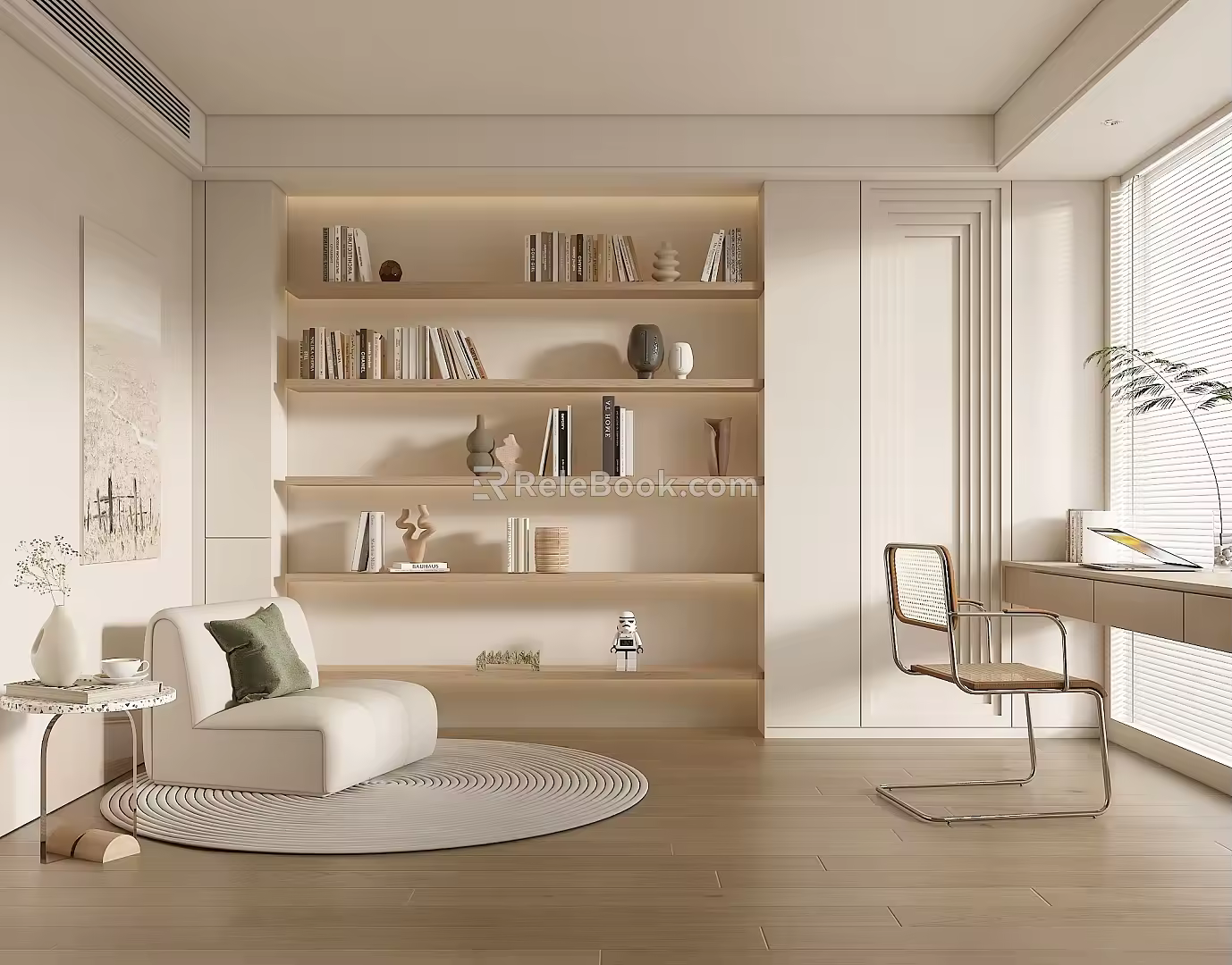 Modern Cream Style Study Desk and Chair Suspended Table Bookcase Locker Computer Table and Chair Book Ornaments Bay Window 3d model