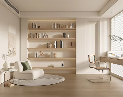 Modern Study Room Interior With Lit Bookshelves Books Decor Cozy Sofa Desk Chair And Sunlight 3d model