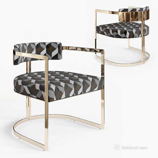 Modern Accent Chair Featuring Geometric Upholstery Curved Armrests Metal Frame And Round Base 3d model 