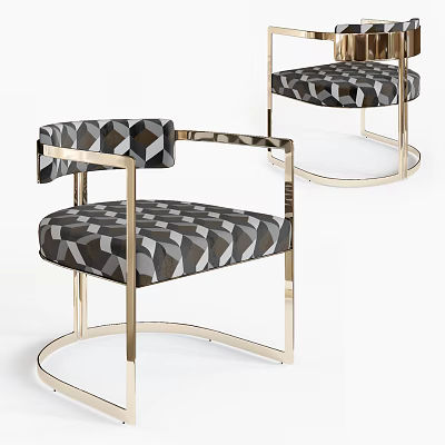 Modern Accent Chair Featuring Geometric Upholstery Curved Armrests Metal Frame And Round Base 3d model