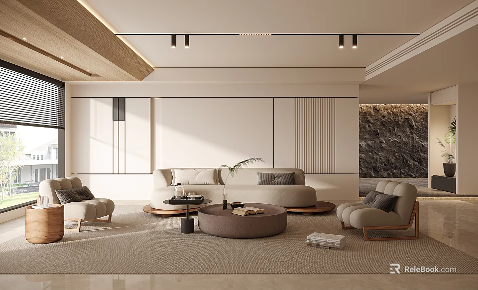 Modern Living Room With Neutral Tones Curved Sofas And Round Coffee Table 3d model