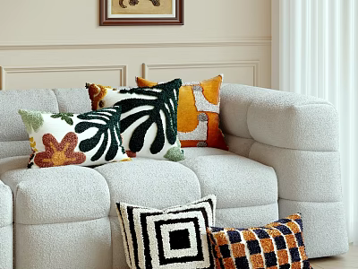 Modern Decorative Throw Pillows With Leaf And Geometric Patterns On Cozy Sofa 3d model
