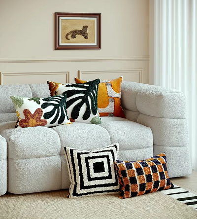 Modern Decorative Throw Pillows With Leaf And Geometric Patterns On Cozy Sofa 3d model