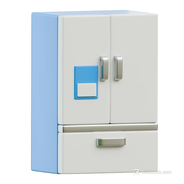 White and Blue Refrigerator Freezer with Double Door Bottom Drawer and Silver Handles 3d model 