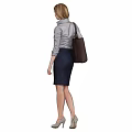 A Woman Wearing Gray Shirt And Dark Skirt With Handbag And High Heels