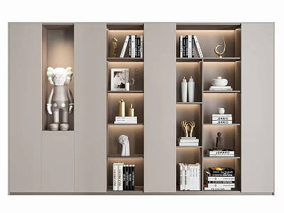 Modern Light Gray Bookcase with Books Decorative Sculptures Candles Photo Frames and Lighting 3d model