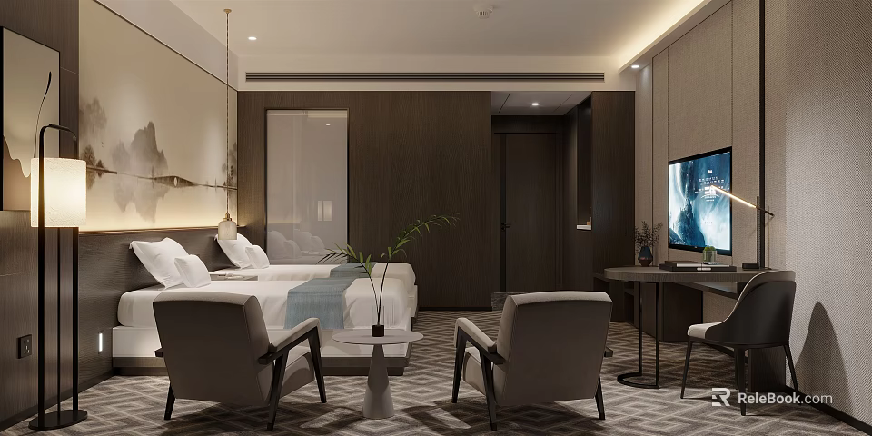 Modern Luxury Hotel Room Interior With Comfortable Bed Armchairs Flat Screen TV And Decorative Art 3d model 