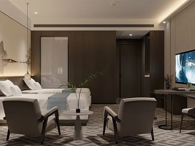 Modern Luxury Hotel Room Interior With Comfortable Bed Armchairs Flat Screen TV And Decorative Art 3d model