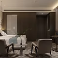 Modern Luxury Hotel Room Interior With Comfortable Bed Armchairs Flat Screen TV And Decorative Art