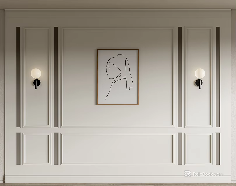 Classic White Wainscoting Wall Design With Framed Art And Wall Sconces 3d model