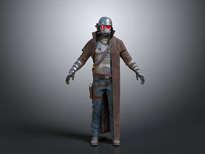Sci Fi Character With Silver Helmet Red Goggles And Brown Long Coat Armor Gear 3d model