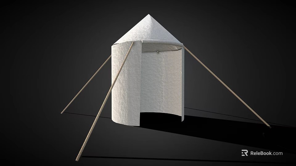 White Conical Canvas Tent Structure With Wooden Support Poles On Black Background 3d model 