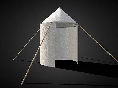 White Conical Canvas Tent Structure With Wooden Support Poles On Black Background 3d model