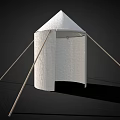 White Conical Canvas Tent Structure With Wooden Support Poles On Black Background