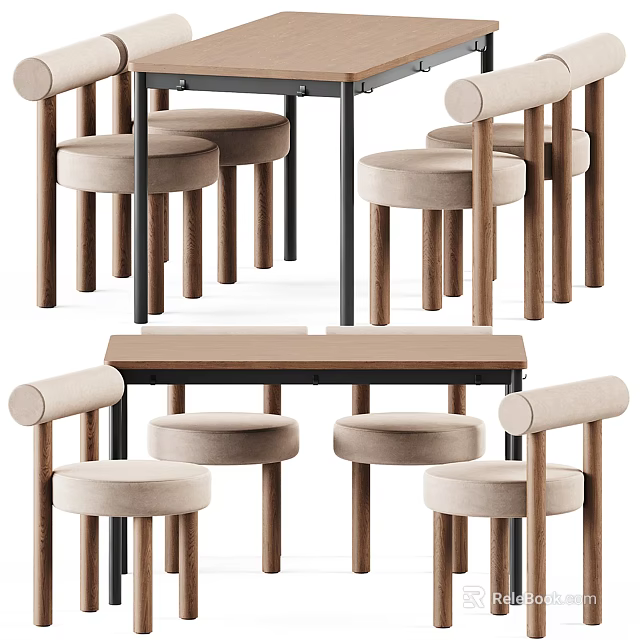 Modern Wooden Dining Table Set With Upholstered Chairs Padded Seats And Armrests 3d model 