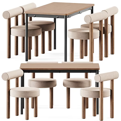 Modern Wooden Dining Table Set With Upholstered Chairs Padded Seats And Armrests 3d model