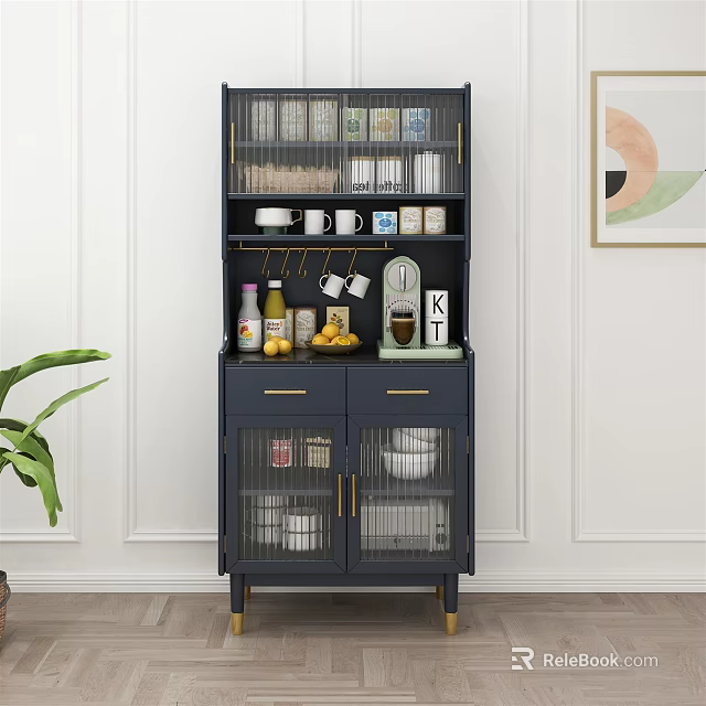 Navy Blue Sideboard with Multiple Shelves Mugs Canisters Fruits Coffee Maker and Green Plant 3d model 
