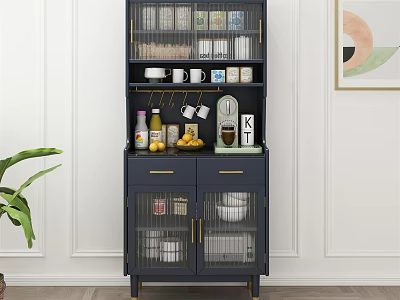 Navy Blue Sideboard with Multiple Shelves Mugs Canisters Fruits Coffee Maker and Green Plant 3d model