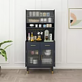 Navy Blue Sideboard with Multiple Shelves Mugs Canisters Fruits Coffee Maker and Green Plant
