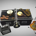 Musical Instrument Collection with Electric Guitars Drum Amplifier Music Stand and Cases