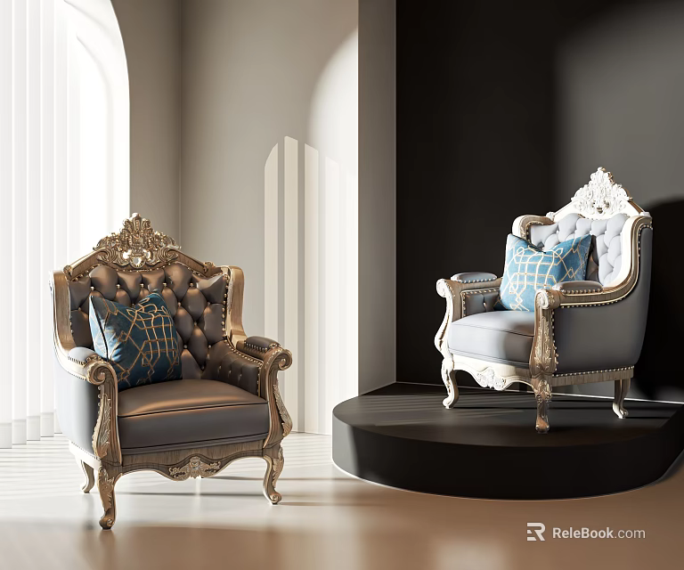 Ornate Carved Gray Single Sofa With Blue Cushions In Classic Well Lit Interior 3d model 