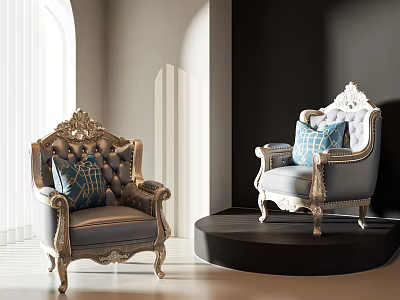 Ornate Carved Gray Single Sofa With Blue Cushions In Classic Well Lit Interior 3d model