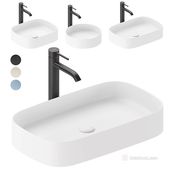 Modern White Oval Bathroom Washbasin With Black Faucet And Color Options 3d model 
