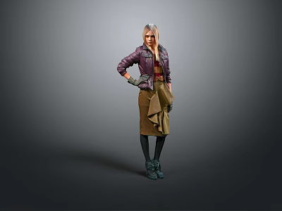 Stylish Woman Wearing Purple Jacket Brown Skirt With Gloves Standing In Fashion Pose 3d model