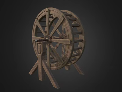 Detailed Antique Wooden Water Wheel With Spokes And Tripod Stand 3d model