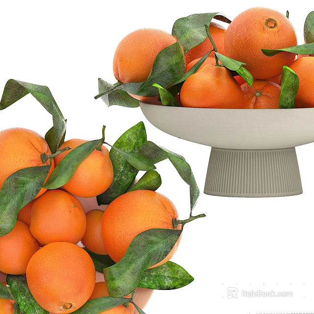 Fresh Oranges with Green Leaves Arranged in White Bowl with Textured Base 3d model 