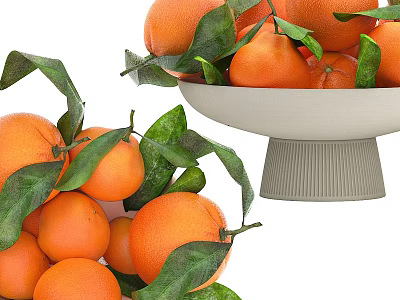 Fresh Oranges with Green Leaves Arranged in White Bowl with Textured Base 3d model