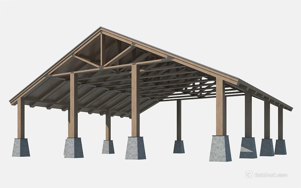Wooden Pergola Structure With Sloped Roof Multiple Columns And Gray Stone Bases 3d model 