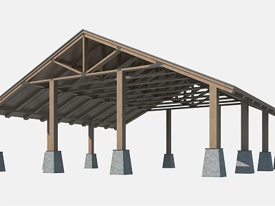Wooden Pergola Structure With Sloped Roof Multiple Columns And Gray Stone Bases 3d model
