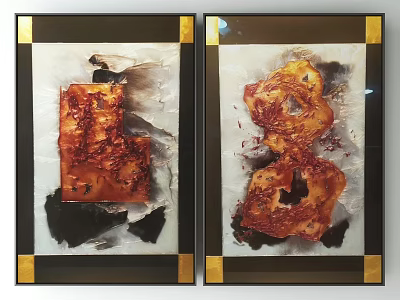 Abstract Wall Art Paintings With Gold Black Frames And Red Orange Textures 3d model