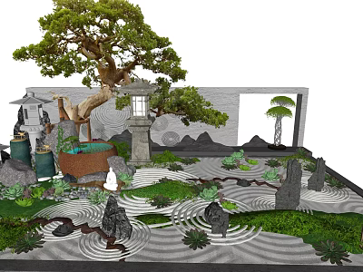 Karesansui Japanese Dry Landscape With Raked Sand Stone Lantern And Pine Tree 3d model
