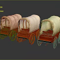 Three Vintage Red Wagons With White Canvas Covers And Wooden Wheels