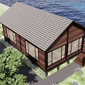 Wooden Gabled Roof Cabin With Large Windows Purple Flowers And Wooden Deck