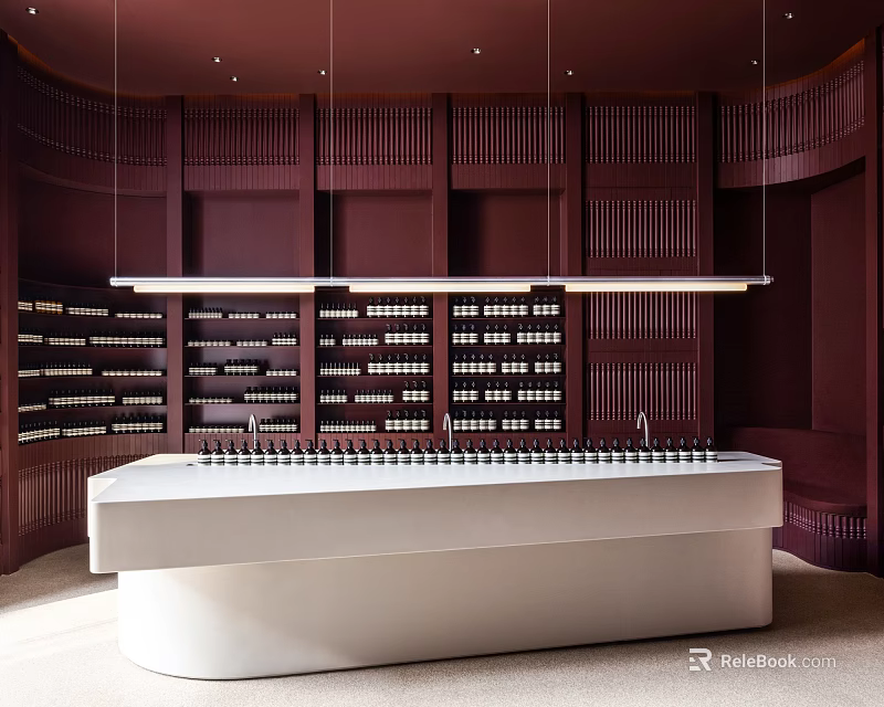 Elegant Boutique Interior With Dark Wooden Walls Shelves Products Hanging Light And White Counter 3d model 