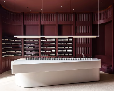 Elegant Boutique Interior With Dark Wooden Walls Shelves Products Hanging Light And White Counter 3d model