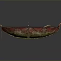 Vintage Red Wooden Boat With Oar Rope And Worn Seats On Gray Background
