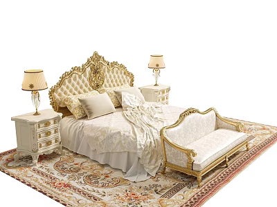 Ornate Double Bed with Carved Headboard Nightstands Table Lamps Bench and Floral Rug 3d model