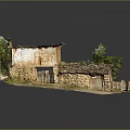 Traditional Rural Stone House With Tiled Roof And Small Green Trees