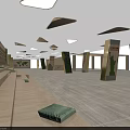Modern Indoor Lounge With Benches Green Cushions Decorative Ceiling Lights And Columns