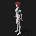 Woman with Red Hair in White Bodysuit Featuring Futuristic Black and Blue Accents